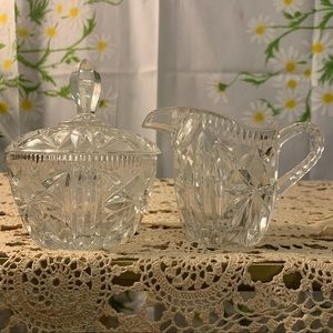 Antique starburst crosshatch glass sugar cream set